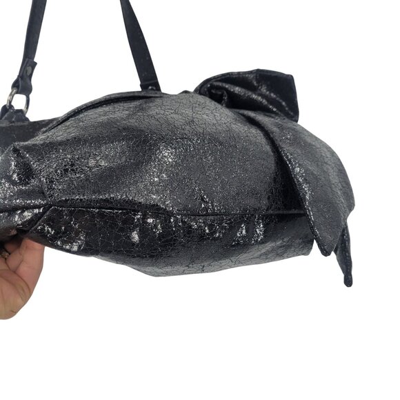 Simply Vera Liquid Black Bow Shoulder Bag Vegan Faux Leather Artsy‎ Biker Goth - Picture 8 of 14